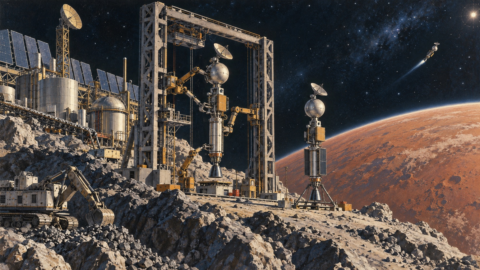 A robotic factory on a rocky moon assembling a spacecraft, with a red planet and stars in the background