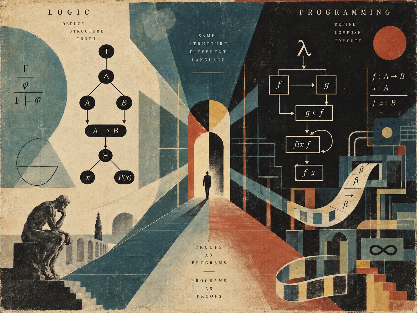 A vintage collage split between logic and programming, with a natural deduction proof tree on the left and typed function composition on the right, joined through a doorway labelled same structure, different language