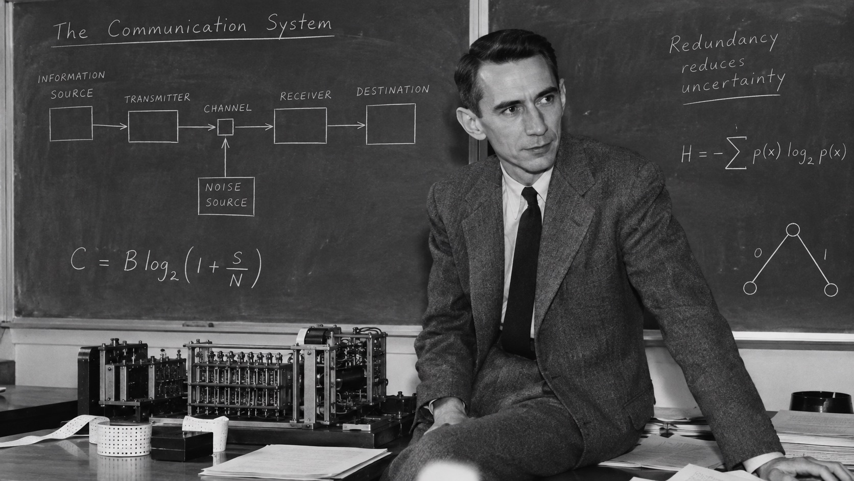 Claude Shannon seated in front of a blackboard showing the communication system diagram, the entropy formula, and the channel capacity formula, with relay equipment in the foreground