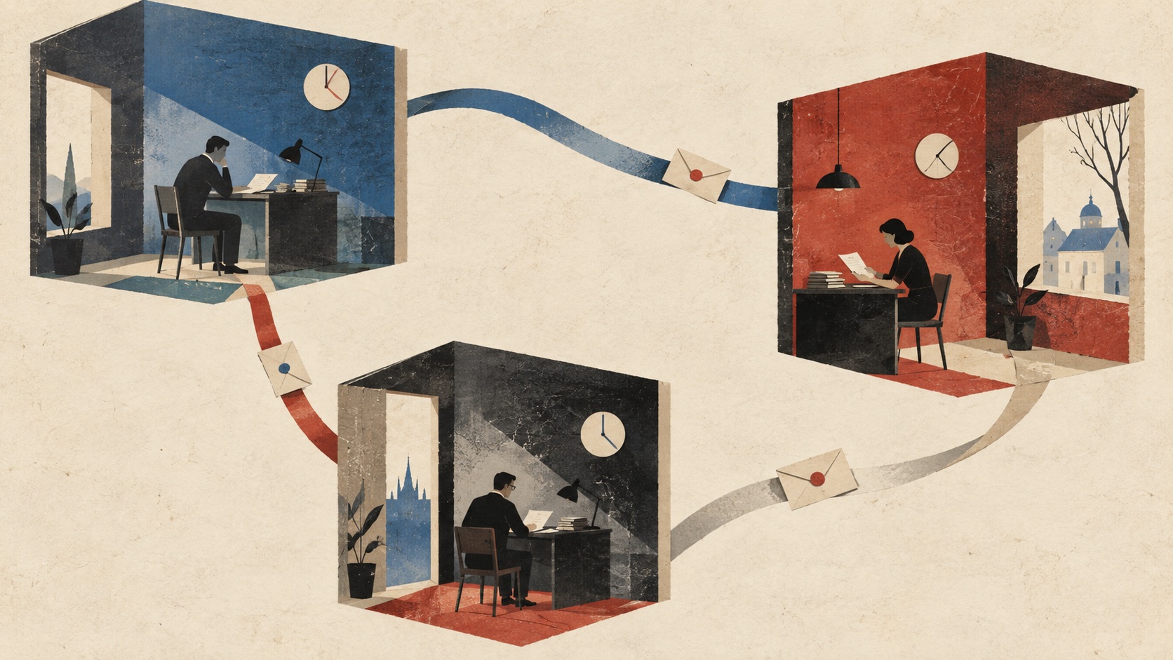 Three cutaway rooms on a textured background, each with a person at a desk, connected by a looping ribbon carrying envelopes